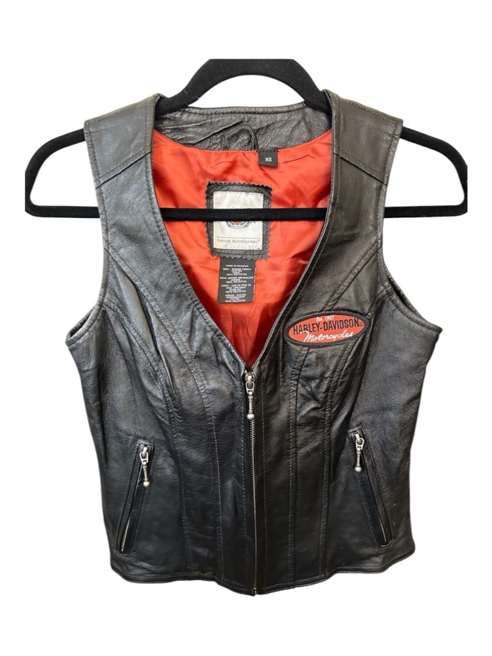 Harley Davidson Black Genuine Leather Biker Vest Orange Lining Size XS